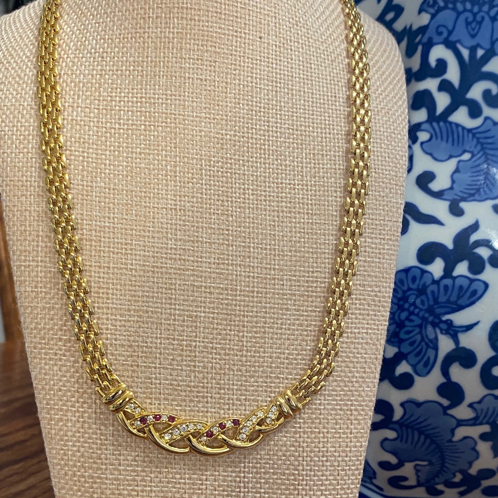 1980 Carlo Orsini Gold Plated Ruby & Rhinestone Necklace